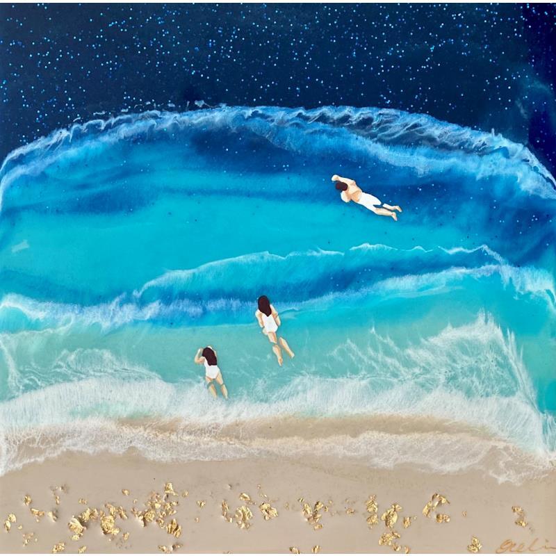 Pintura Swimmers in the sky por Aurélie Lafourcade painter | Pintura Figurativo Paisajes Marine Minimalista Acrílico Resina