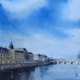 Painting Vers le quai de l'horloge by Abbatucci Violaine | Painting Figurative Watercolor Life style, Urban