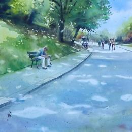 Painting Dans les parcs parisiens by Abbatucci Violaine | Painting Figurative Watercolor Landscapes, Life style
