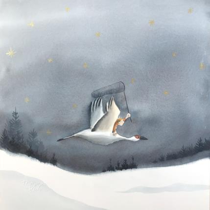 Peinture Chasseur d'étoiles par Marjoline Fleur | Tableau Art naïf Aquarelle Animaux, Enfant, Paysages