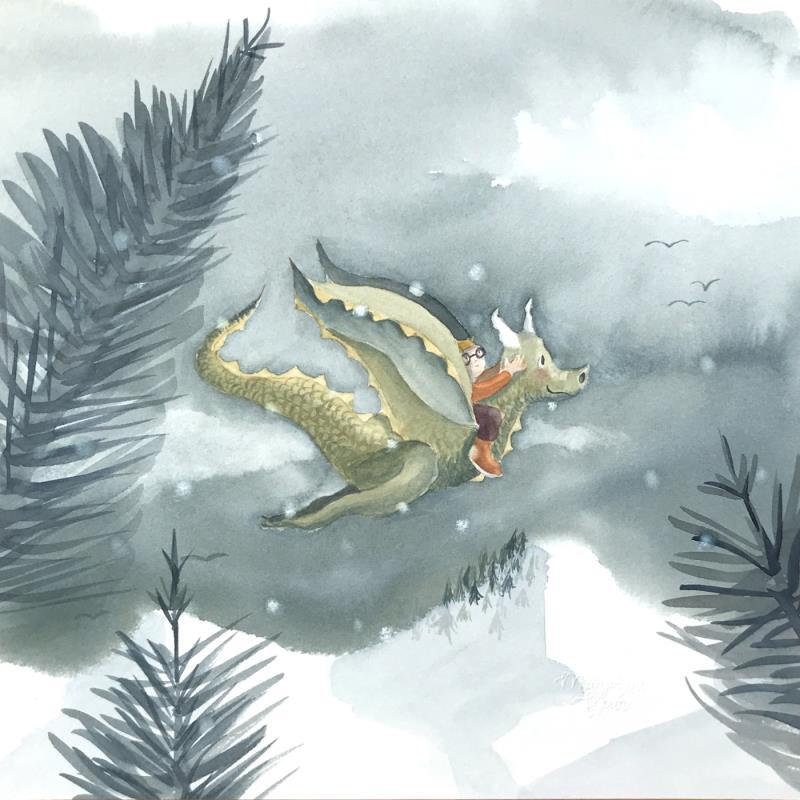 Gemälde Le voyage de Léon von Marjoline Fleur | Gemälde Naive Kunst Landschaften Tiere Kinder Aquarell