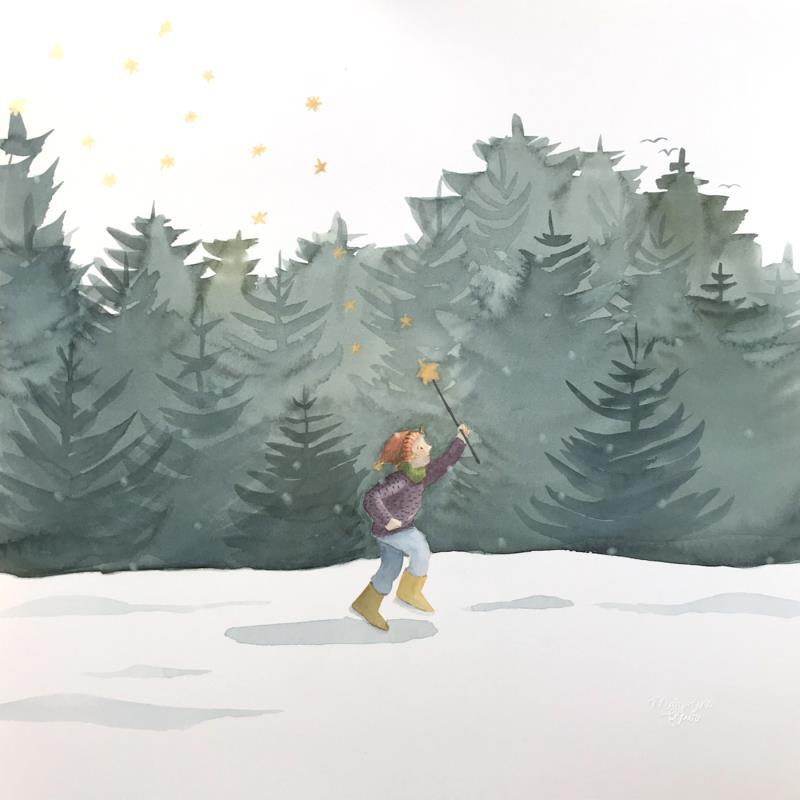 Peinture Lutin des sapins par Marjoline Fleur | Tableau Art naïf Paysages Nature Enfant Aquarelle
