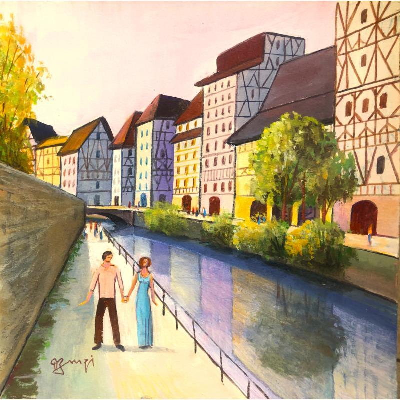 Painting AP85 ALSACE PROMENADE SUR LES QUAIS by Burgi Roger | Painting Figurative Urban Life style Architecture Acrylic