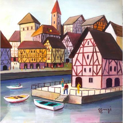 Painting AP87 ALSACE SUR LE FLEUVE by Burgi Roger | Painting Figurative Acrylic Architecture, Marine, Urban