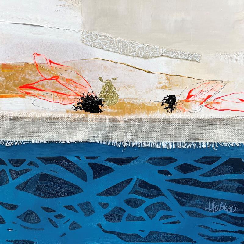 Painting Feuilles au dessus de la rivière-1 by Lau Blou | Painting Abstract Landscapes Cardboard Acrylic Gluing Textile Gold leaf Paper