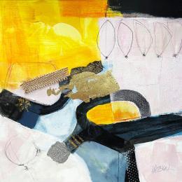 Peinture Au dessus de la rivière par Lau Blou | Tableau Abstrait Acrylique, Carton, Collage, Feuille d'or, Papier, Textile Paysages