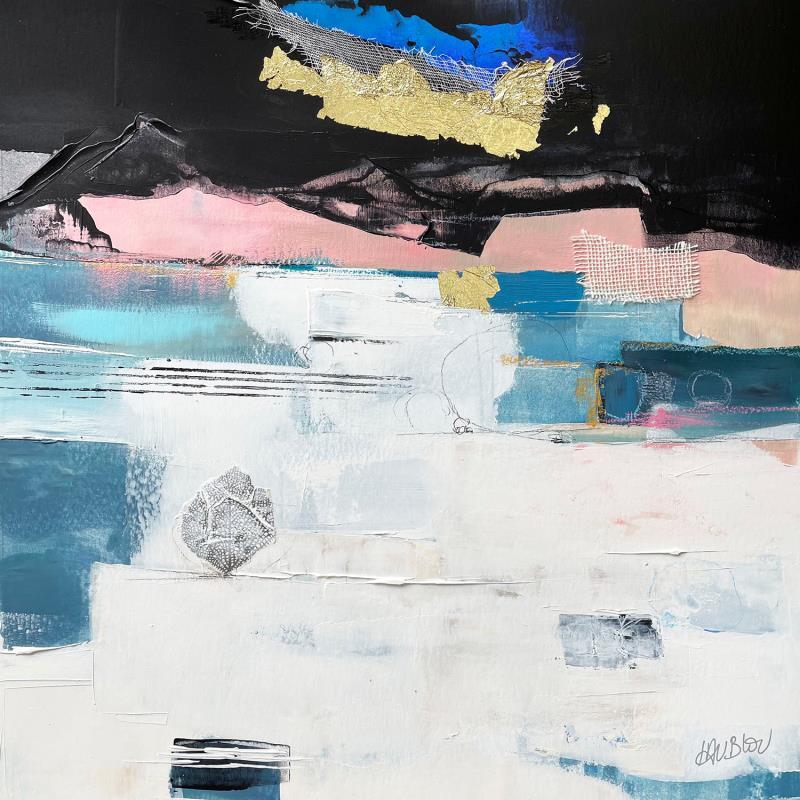 Peinture Crépuscule sur le Mont Grêle par Lau Blou | Tableau Abstrait Paysages Carton Acrylique Collage Feuille d'or Papier