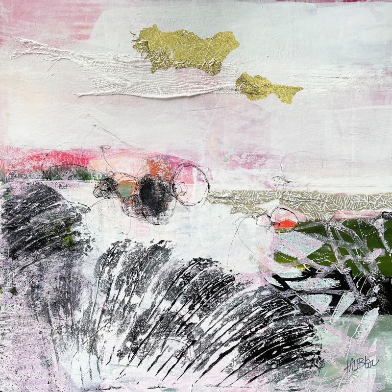 Peinture Rives et brumes par Lau Blou | Tableau Abstrait Paysages Carton Acrylique Collage Feuille d'or Papier