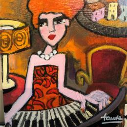 Peinture Pianiste à la robe orange par Fauve | Tableau Figuratif Acrylique Scènes de vie