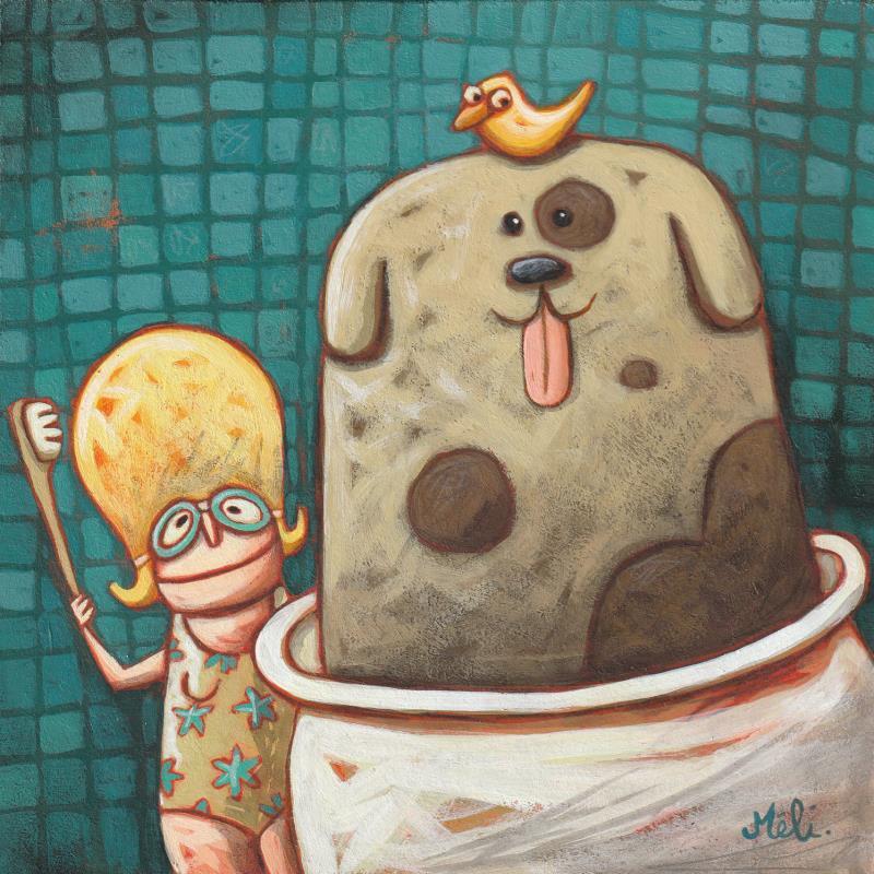 Gemälde Chien mouillé von Catoni Melina | Gemälde Naive Kunst Alltagsszenen Tiere Pappe Acryl