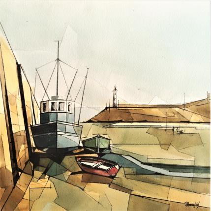 Painting Marée basse dans le port by Langlois Jean-Luc | Painting Figurative Watercolor Marine