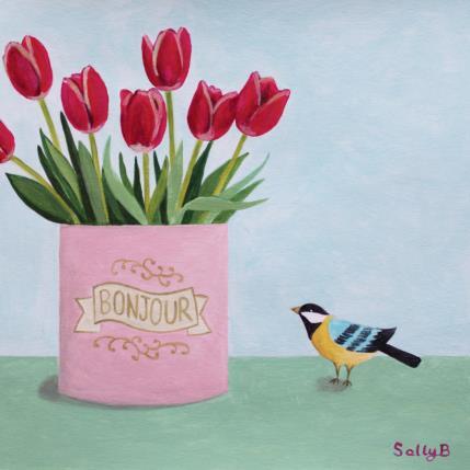 Pintura Bonjour tulipes et oiseau por Sally B | Pintura Arte naïf Acrílico Animales, Iconos pop