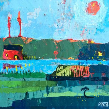 Painting La maison rouge du lac  by Bertre Flandrin Marie-Liesse | Painting Figurative Acrylic, Gluing Landscapes, Nature, Pop icons