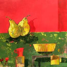 Painting Cuisine au mur rouge by Bertre Flandrin Marie-Liesse | Painting Figurative Acrylic, Gluing Life style, Still-life