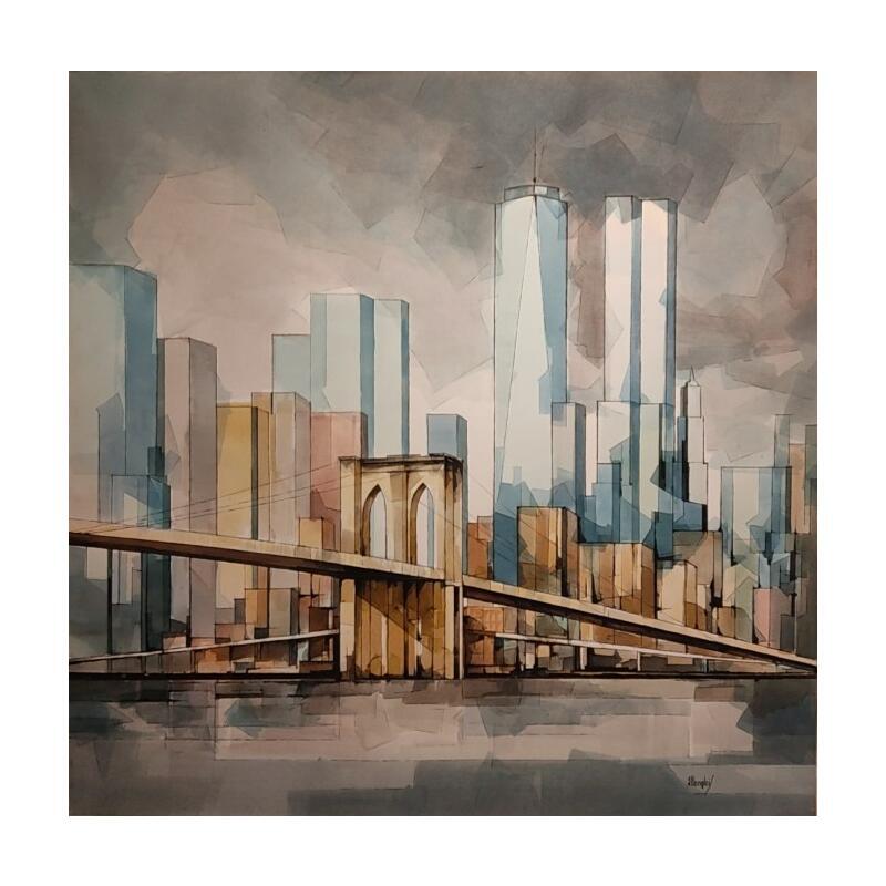 Peinture BROOKLYN par Langlois Jean-Luc | Tableau Figuratif Urbain Architecture Aquarelle