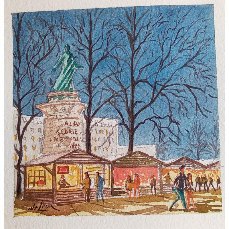 Painting Marché de Noël à Lyon  by De León Lévi Marcelo | Painting Figurative Urban Watercolor