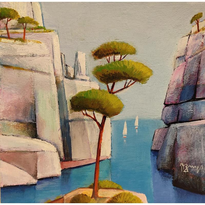Peinture Calanque au grand pin AP18 par Burgi Roger | Tableau Figuratif Marine Nature Acrylique