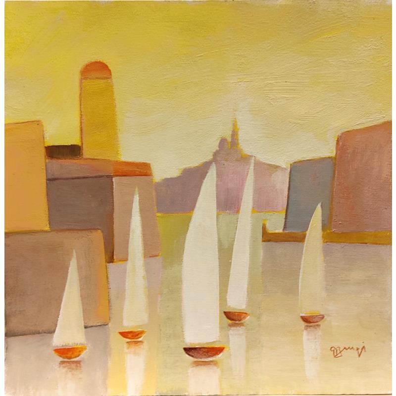 Gemälde Soleil sur le Port AO85 von Burgi Roger | Gemälde Figurativ Landschaften Marine Acryl