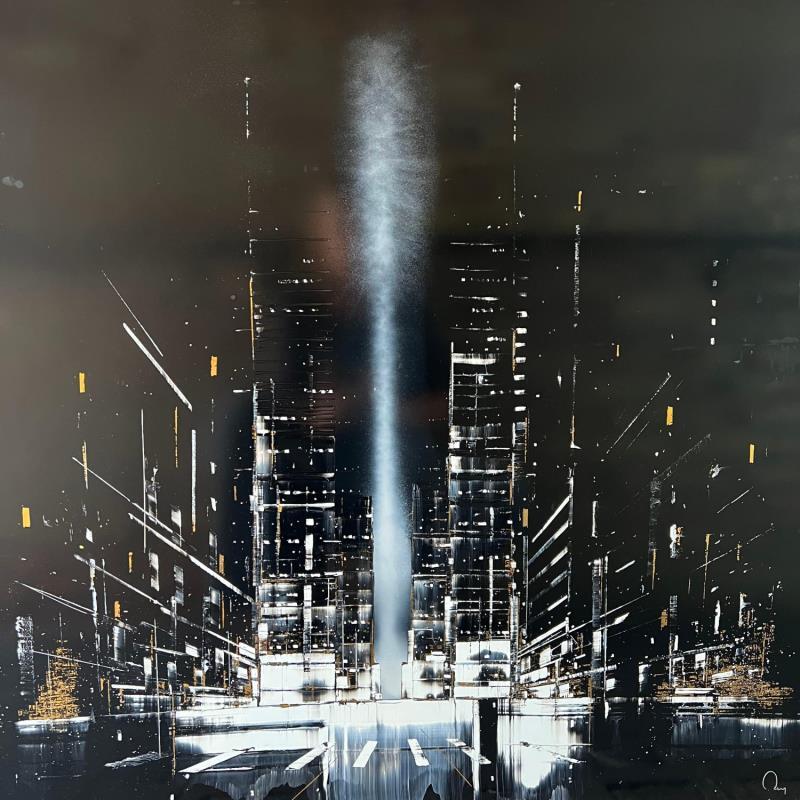 Painting Sunset Over by Rey Julien | Painting Figurative Urban Architecture Minimalist Gold leaf