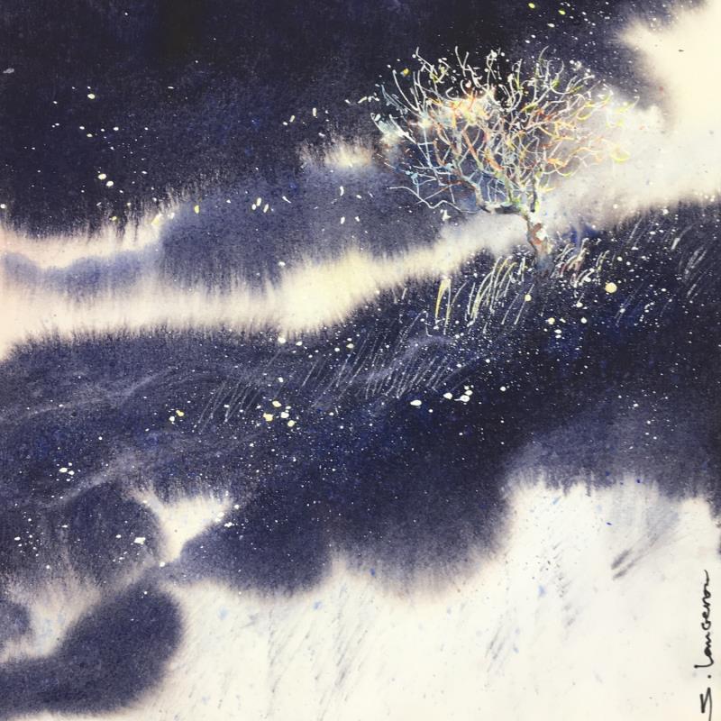 Gemälde Un amandier dans la lumière von Langeron Stéphane | Gemälde Figurativ Landschaften Aquarell