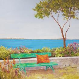 Painting Le banc du jardin by Bessé Laurelle | Painting Figurative Oil Landscapes, Life style, Marine