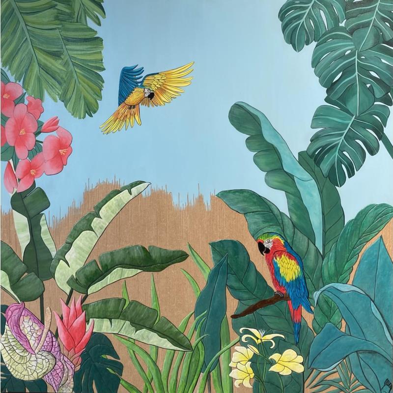 Pintura Aras de Macao por Geiry | Pintura Tema Paisajes Animales Madera Cartón Acrílico Textil