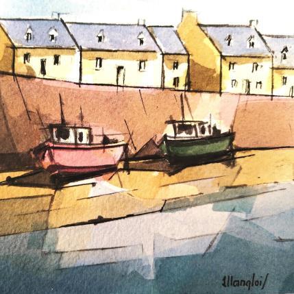 Painting Bateaux à marée basse by Langlois Jean-Luc | Painting Figurative Watercolor Marine