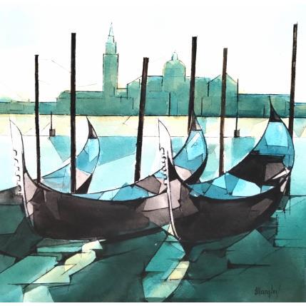Painting Gondoles by Langlois Jean-Luc | Painting Figurative Watercolor Marine, Urban
