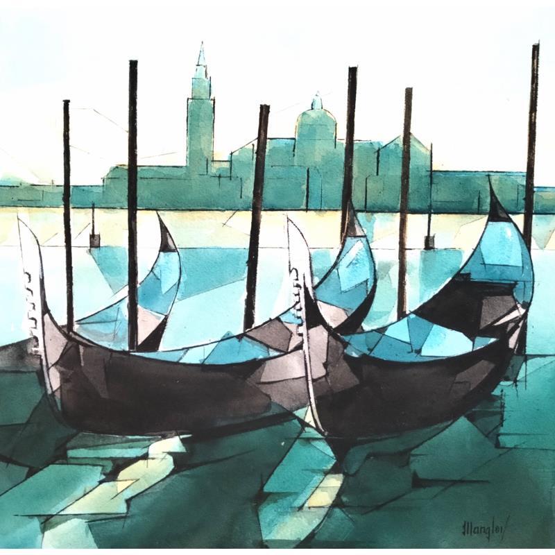 Gemälde Gondoles von Langlois Jean-Luc | Gemälde Figurativ Urban Marine Aquarell