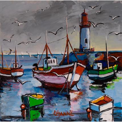 Peinture Vol de mouettes sur le port par Cédanne | Tableau Figuratif Acrylique, Huile Marine, Paysages
