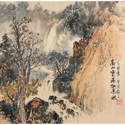 Peinture High mountains and waterfall  par Yu Huan Huan | Tableau Figuratif Encre Nature, Paysages