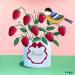Peinture Fraise avec oiseau par Sally B | Tableau Art naïf Animaux Acrylique