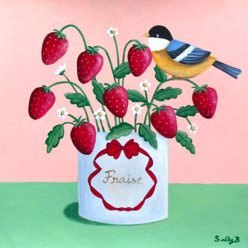 Peinture Fraise avec oiseau par Sally B | Tableau Art naïf Animaux Acrylique
