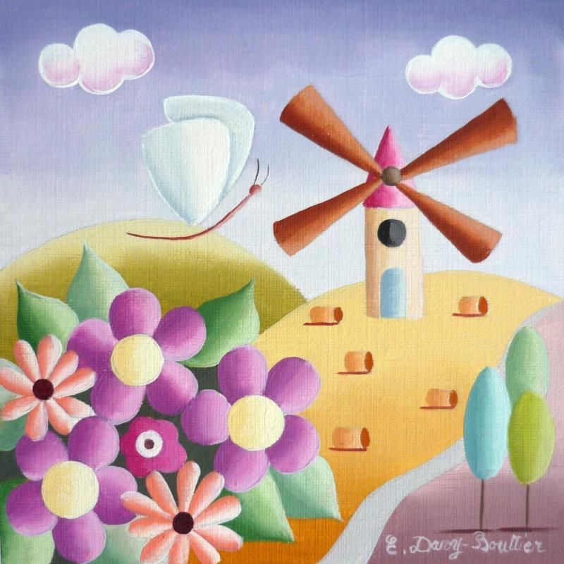 Painting Paysage au moulin by Davy Bouttier Elisabeth | Painting Naive art Landscapes Nature Oil