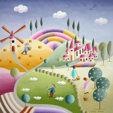 Painting La cueillette des prunes by Davy Bouttier Elisabeth | Painting Naive art Oil Landscapes, Life style