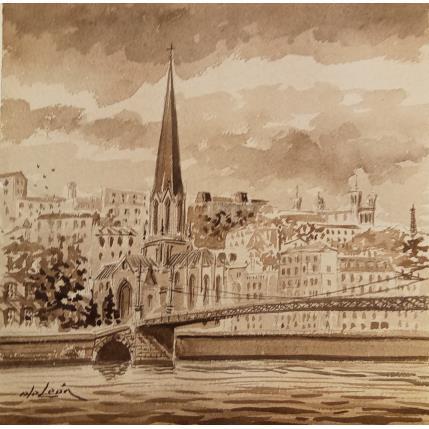 Painting Paysage lyonnais en Sépia by De León Lévi Marcelo | Painting Figurative Watercolor Urban