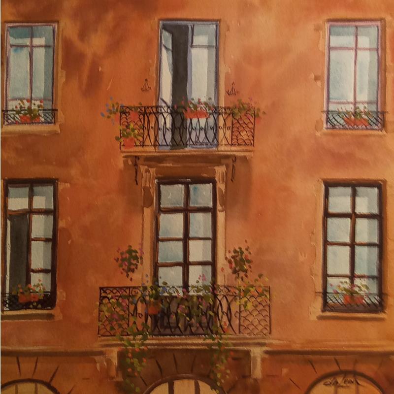 Painting Fenêtres et balcons by De León Lévi Marcelo | Painting Figurative Urban Watercolor