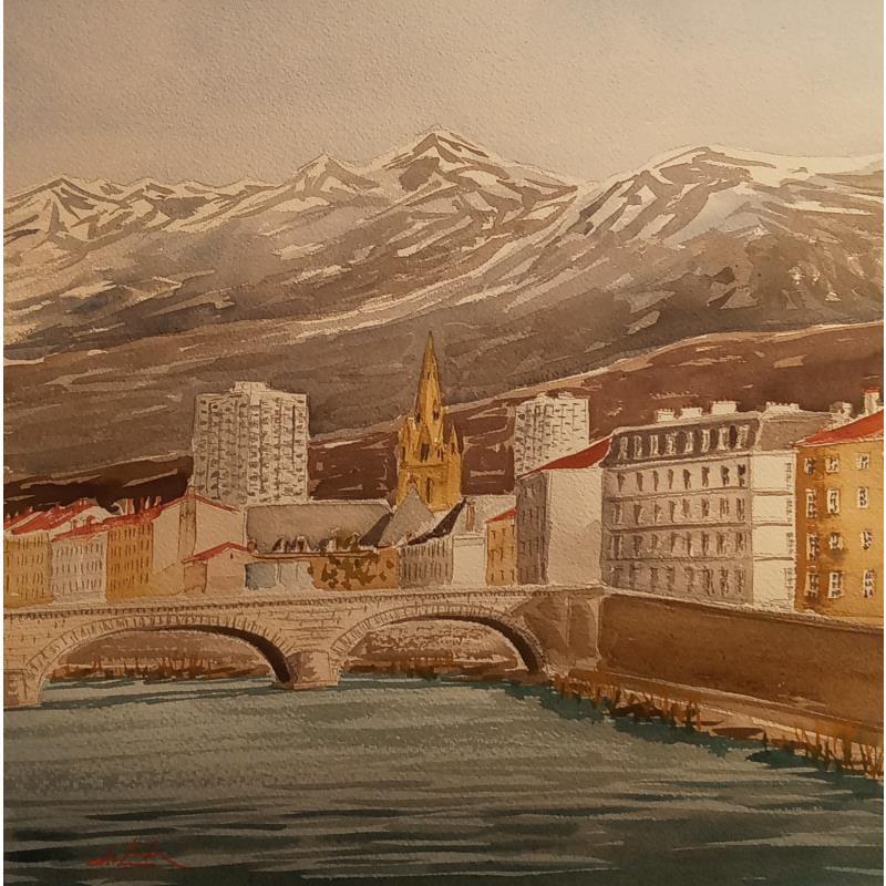 Peinture Montagnes gardant la Ville par De León Lévi Marcelo | Tableau Figuratif Urbain Aquarelle