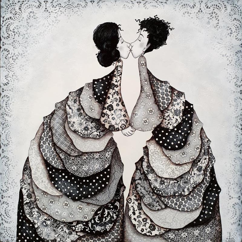 Painting Juliette et Pierrot by Blais Delphine | Painting Naive art Portrait Black & White Acrylic Gluing