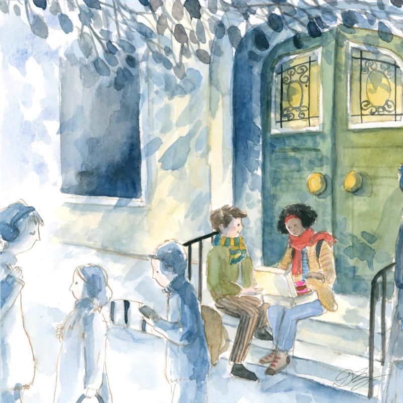 Gemälde Le cadeau gourmand von Balme Delphine | Gemälde Figurativ Alltagsszenen Aquarell