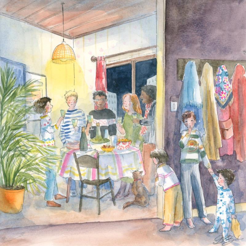 Peinture Fête entre amis par Balme Delphine | Tableau Figuratif Scènes de vie Aquarelle