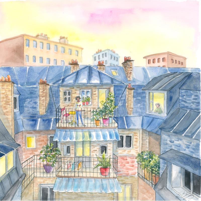 Painting Paris balcons by Balme Delphine | Painting Figurative Life style Watercolor
