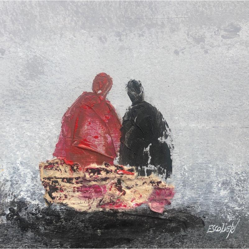 Gemälde Lieu paisible von Escolier Odile | Gemälde Figurativ Alltagsszenen Minimalistisch Schwarz & Weiß Pappe Acryl