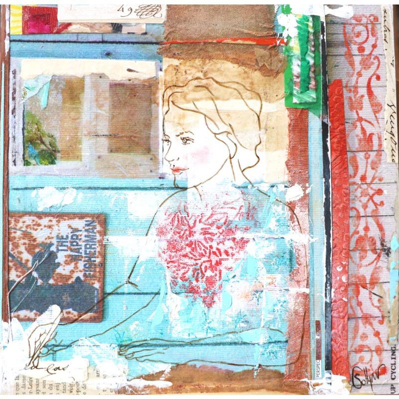 Peinture Poésie de l'instant par Sablyne | Tableau Figuratif Portraits Société Scènes de vie Bois Carton Acrylique Collage Encre Pastel Textile Feuille d'or Upcycling Papier Pigments