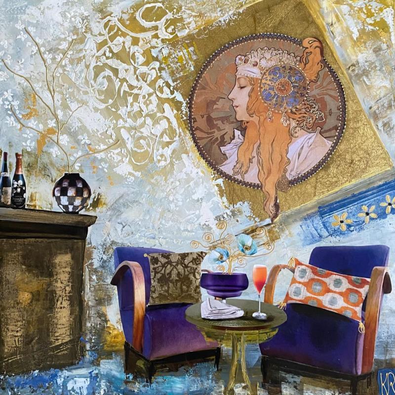 Painting For a touch of purple by Romanelli Karine | Painting Figurative Life style Acrylic Gluing Posca Pastel Gold leaf Paper