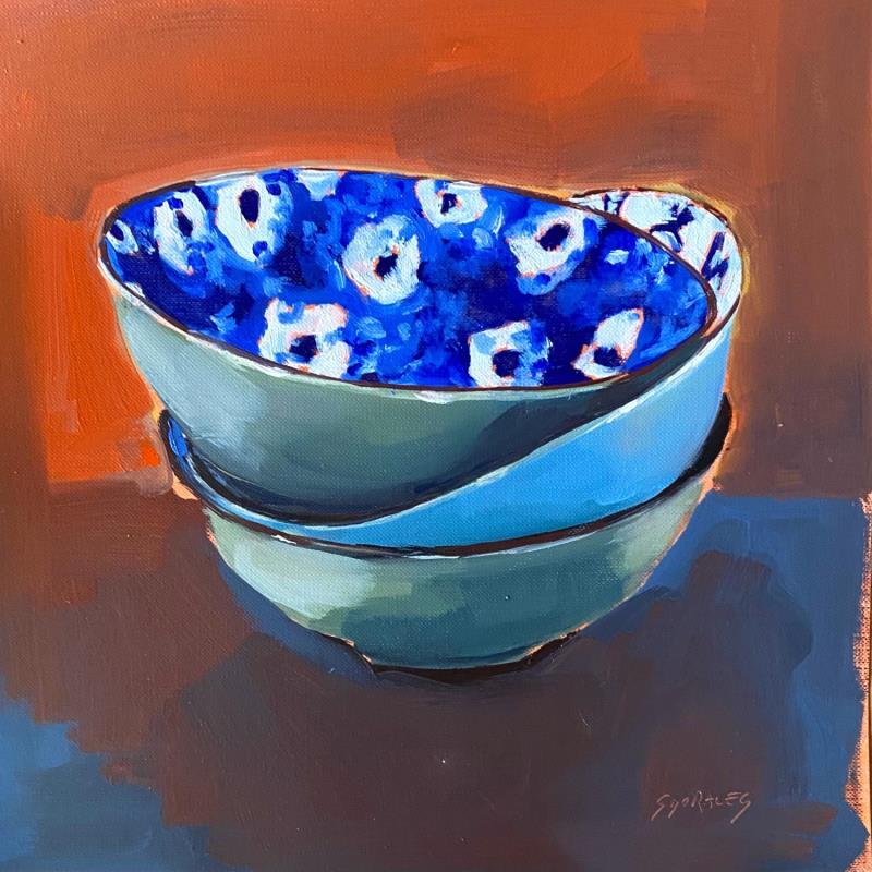 Peinture 3 bols verts et fleuris par Morales Géraldine | Tableau Figuratif Natures mortes Huile