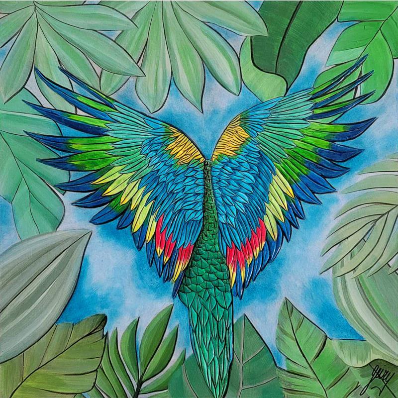 Gemälde ARA von Geiry | Gemälde Materialismus Landschaften Natur Tiere Holz Acryl Pigmente Marmorpulver