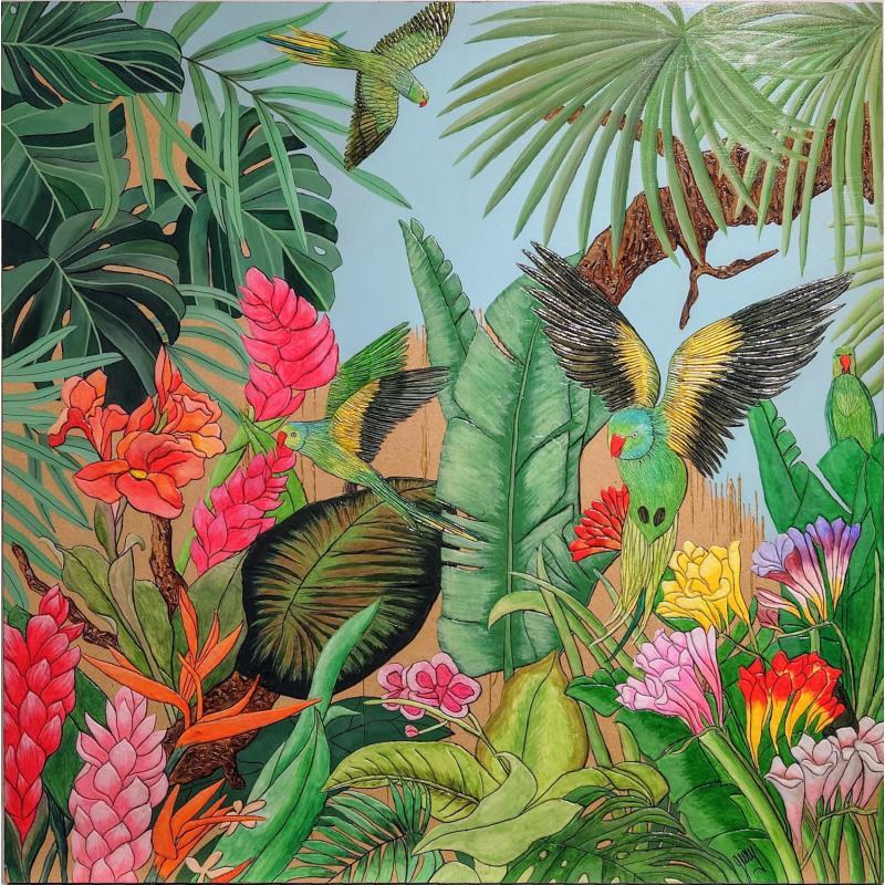 Peinture PERROQUETS D'INDONESIE  par Geiry | Tableau Matiérisme Paysages Nature Animaux Bois Acrylique Pigments Poudre de marbre