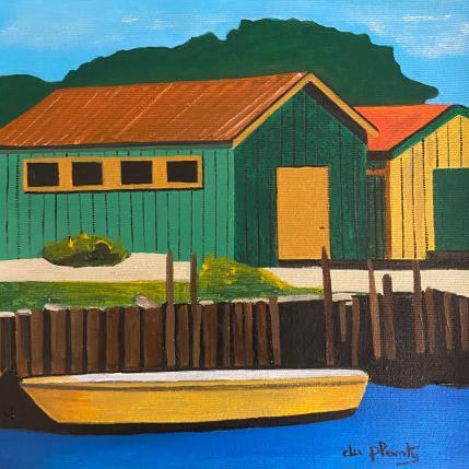 Pintura Cabane verte et Bateau Jaune por Du Planty Anne | Pintura Figurativo Acrílico Marine, Urbano