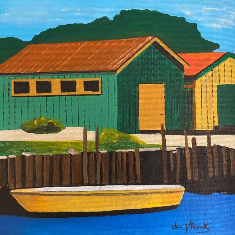 Pintura Cabane verte et Bateau Jaune por Du Planty Anne | Pintura Figurativo Urbano Marine Acrílico